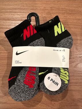 Nike 6-Pack Cushioned Ankle Socks in Black with Red & Neon Yellow Accents